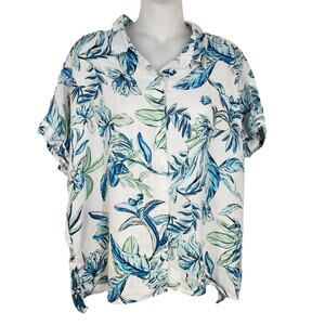 Tahari 100% Linen Shirt Womens XL Beach Leaf Print Button Resort Cruise Tropical